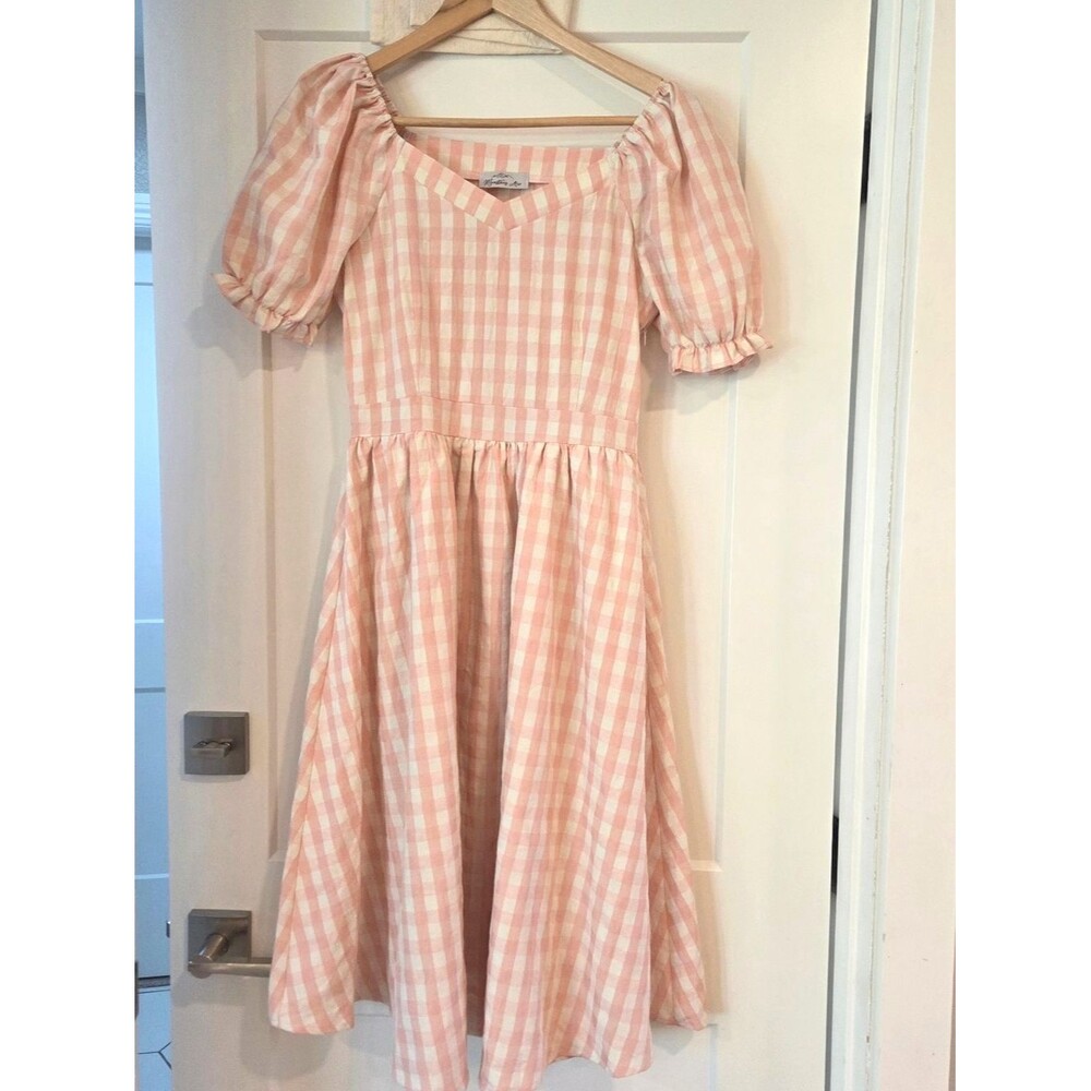Pink Gingham Puff Sleeve Cottagecore Midi Dress Milkmaid Coquette XS Cotton